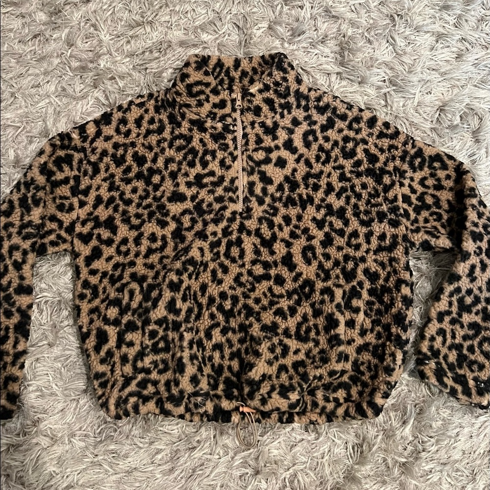cheetah print sherpa quarter zip jacket